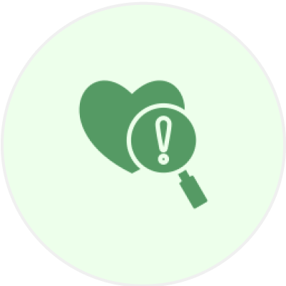 Green heart and magnifying glass icon.