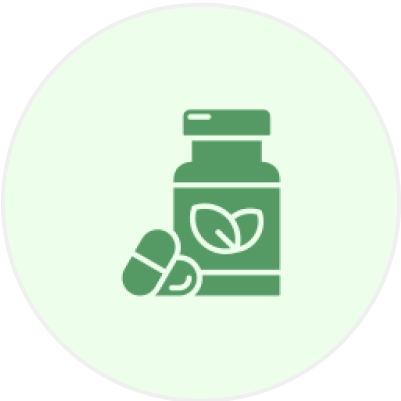Herbal supplement bottle with capsules icon.