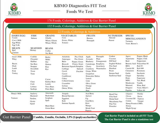 KBMO Diagnostics FIT Test Foods list for elimination and reintroduction phases.