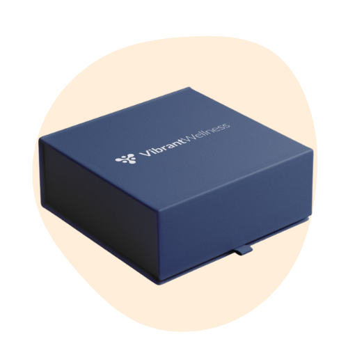 Elegant blue gift box with a pull tab and logo on top.