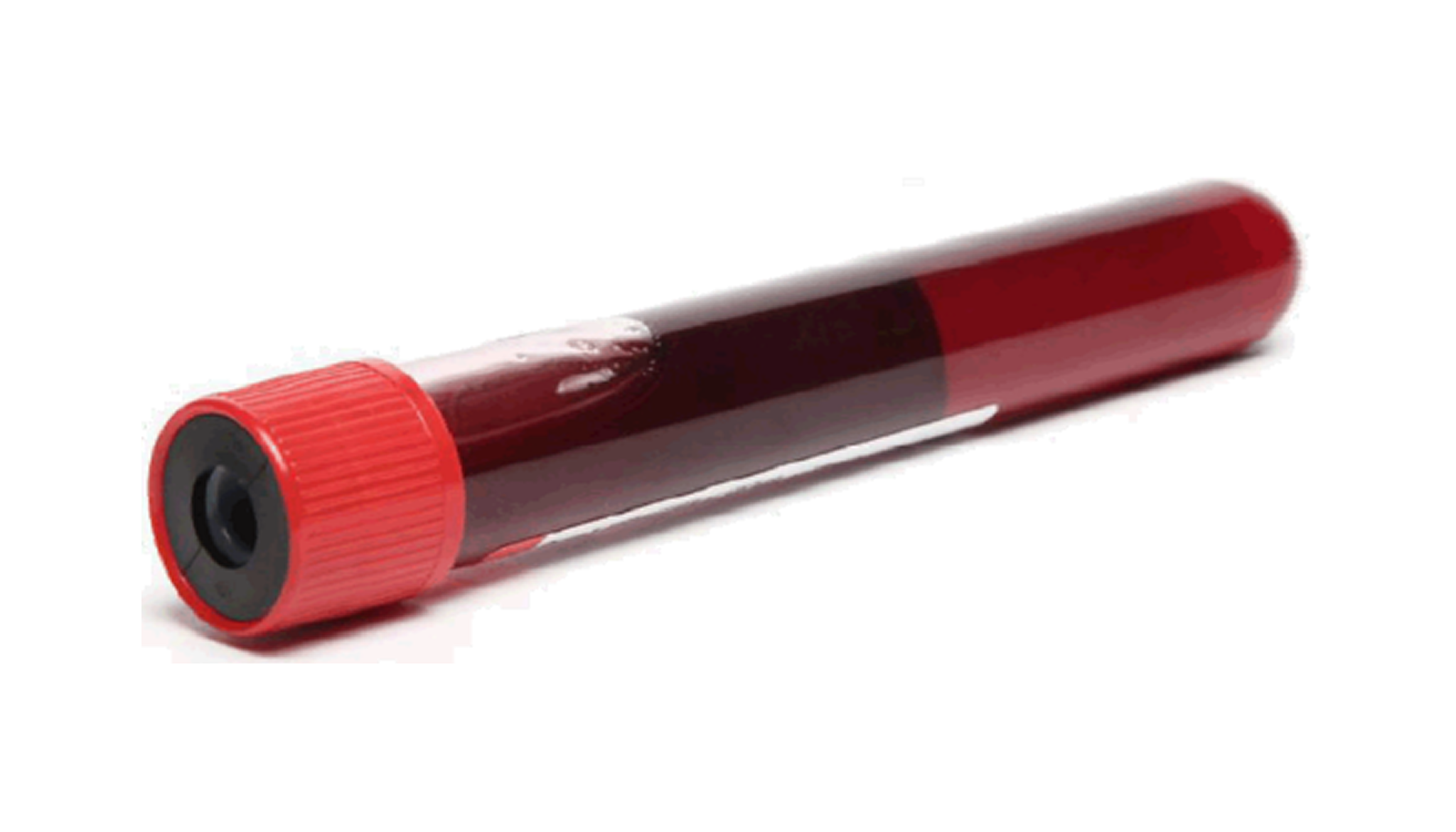 A test tube filled with dark red blood and a red cap.