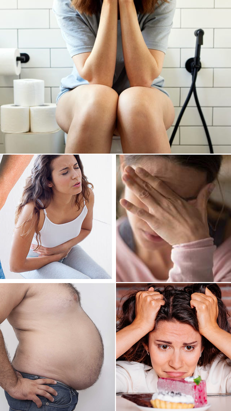 Collage showing people with various stomach and chest pains.