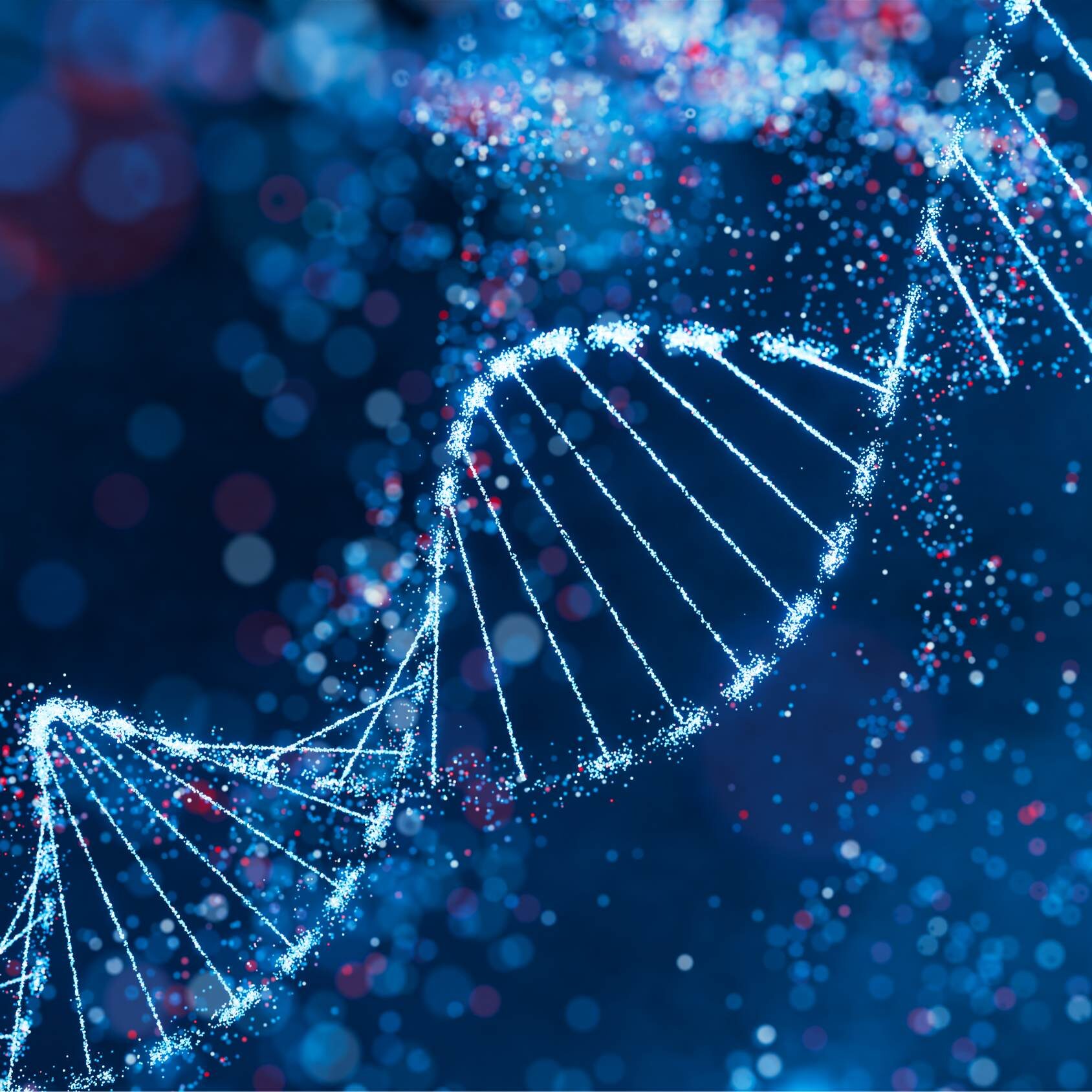 Close-up of a glowing DNA double helix structure in a digital blue background.